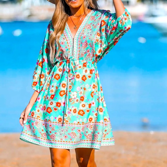 CUPSHE NWT Boho Mini Dress Kimono Floral Print Tie Front Paisley Beach Dress - Picture 1 of 15